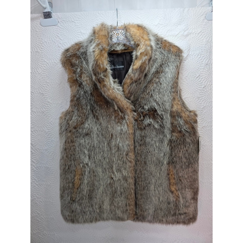 Dennis Basso Faux Fur Vest Women Medium Grey Brown NWT Lined Open Front